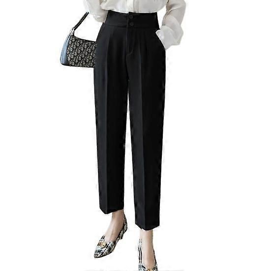 Women Draped Suit Pants Button Zipper Fly High Waist Straight Leg Pants Solid Color Pockets Office Lady Trousers