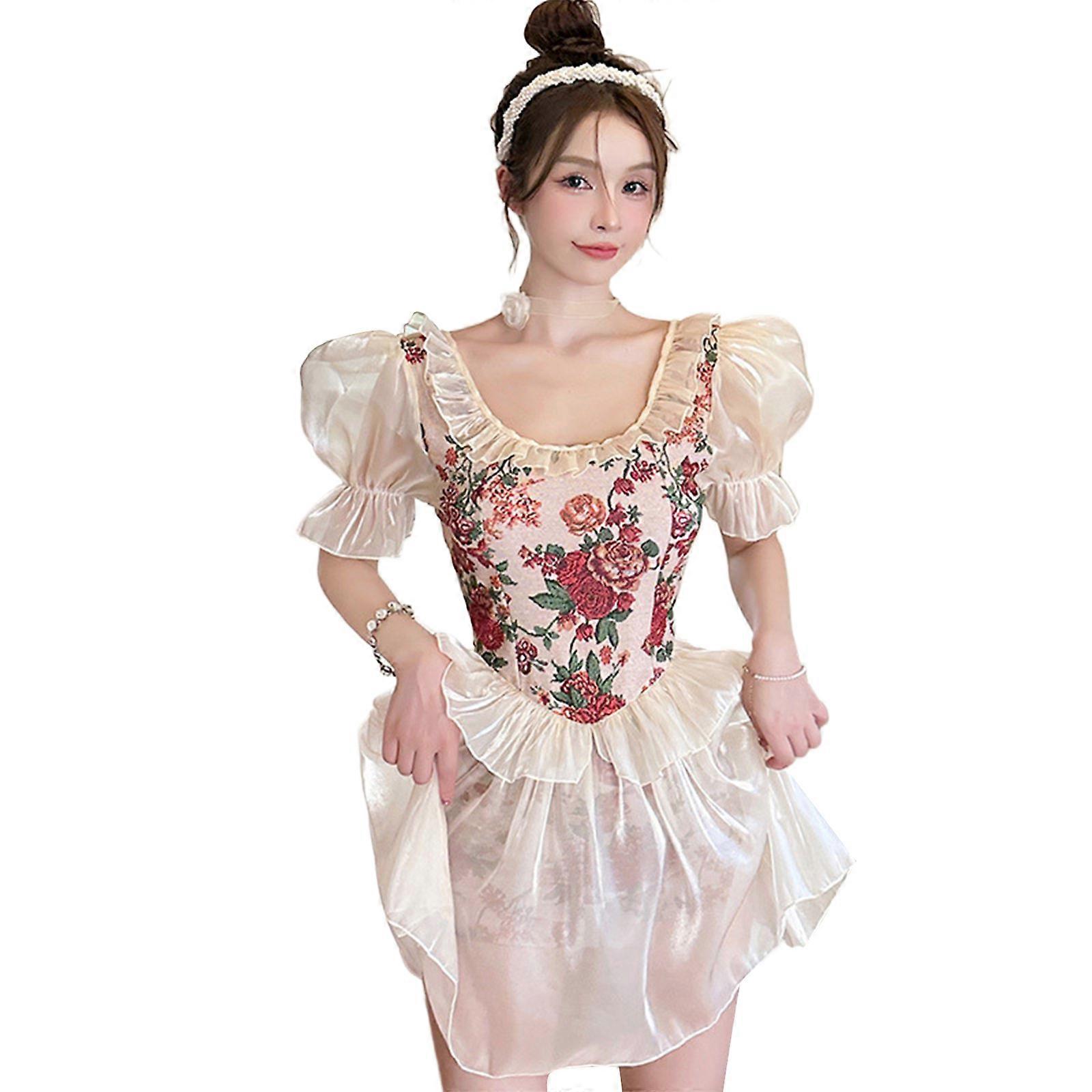 Women Short Sleeves Swimdress Female 1 Piece Swimsuit Summer Flower Printed Skirt Bathing Suit for Tropical Vacations Beige XL