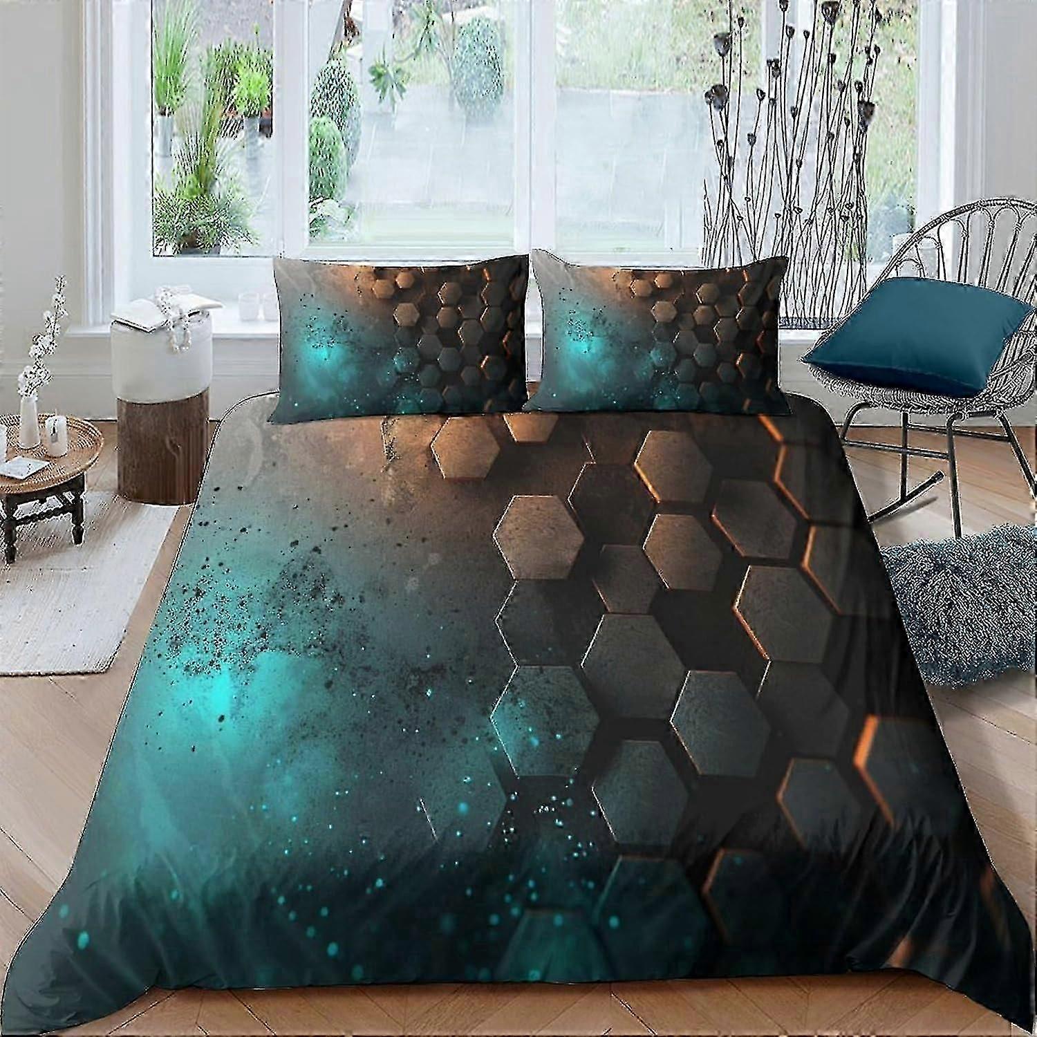 o3494 Lençóis Favo de Mel Neon para Meninos Meninas Colcha Capas de Edredom Capas de Edredão Capa de Edredão Impresso em 3D Glitter Hexágono com Fecho de Zíper Conjunto de Cama Sof