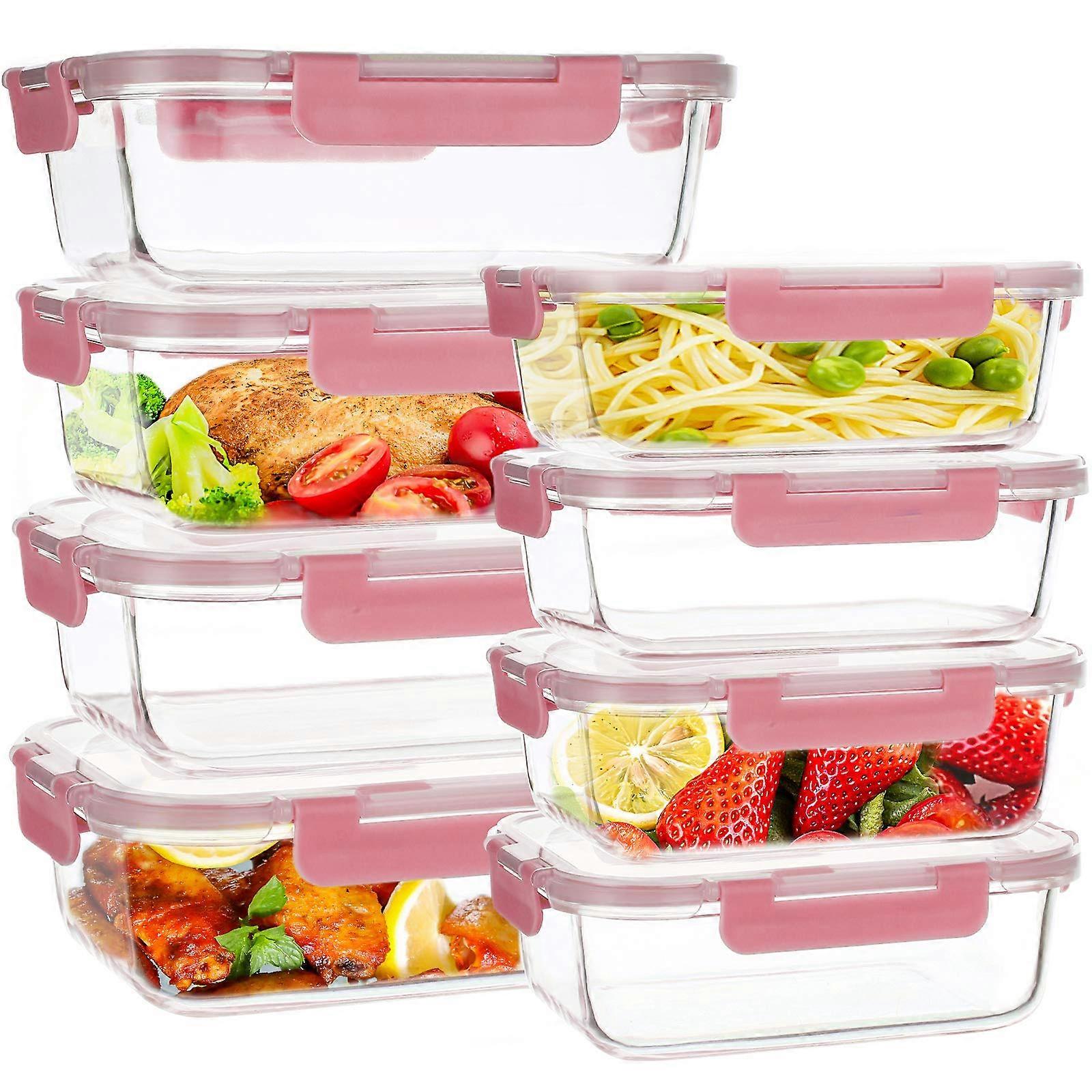 8 Pack Glass Food Storage Containers with Lids, Airtight Meal Prep Bento Boxes in Pink, 34oz & 12oz Sizes, 100% Leak-Proof