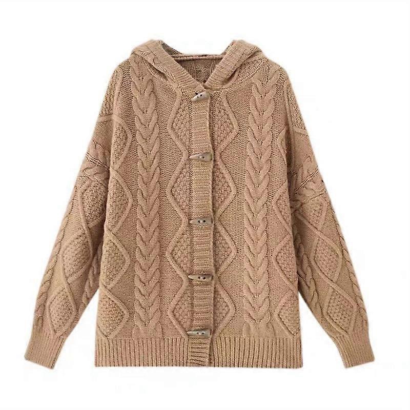 Preppy Style Soft Glutinous Twist Knitted Hooded Cardigan Women's 2023 Fall And Winter Outer Wear Horn Button Sweater Coat