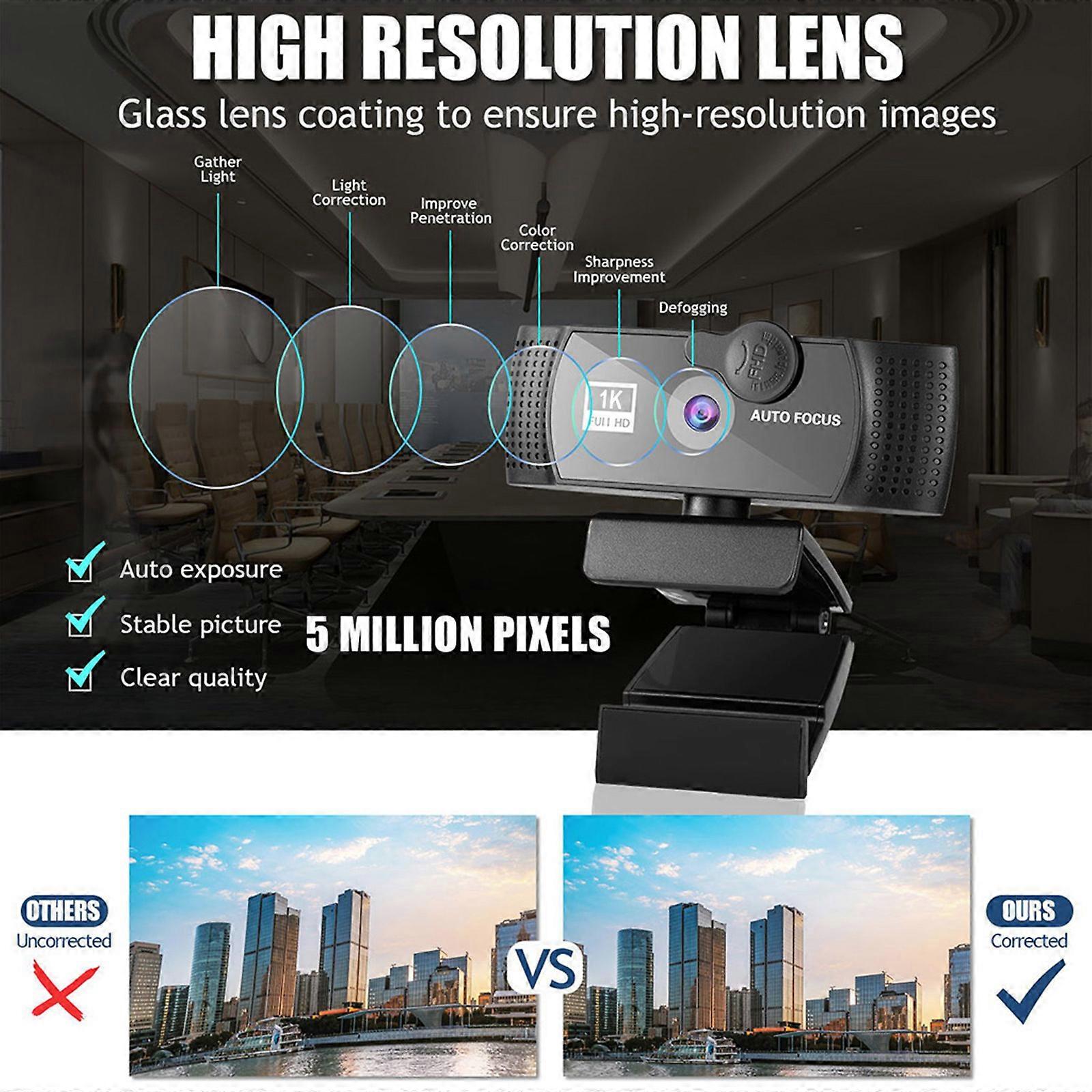 1K / 2K / 4K / 8Kウェブカメラ、三脚マイクカバー付きスピーカー120°広角USBプラグ&ライブストリーミング録音用ブラック