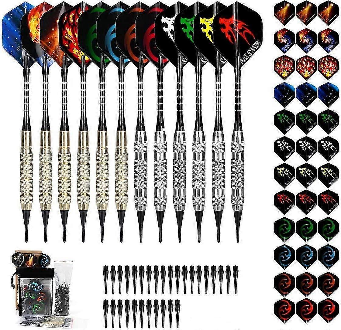 Kunststoff-Tip-Dart, 18G Soft-Tip-Dart-Set für elektronische Dartboard, 12 Darts mit 36 Flights und 100 Spitzen, 20 Gummi-O-Ringe