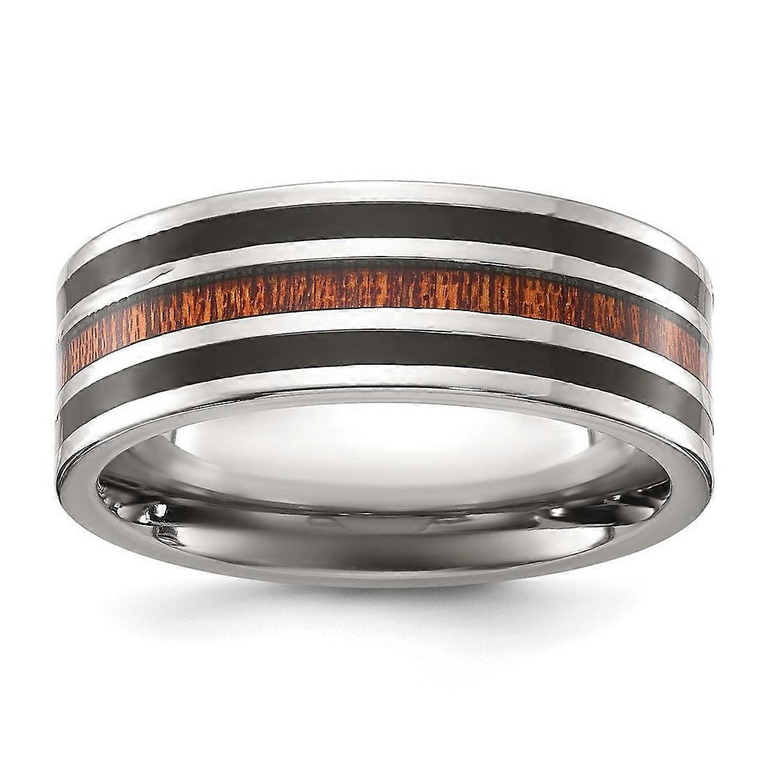Bague en titane poli avec incrustations de résine noire et de bois de 8 mm pour femmes et hommes - Tailles de bague : 8 à 13