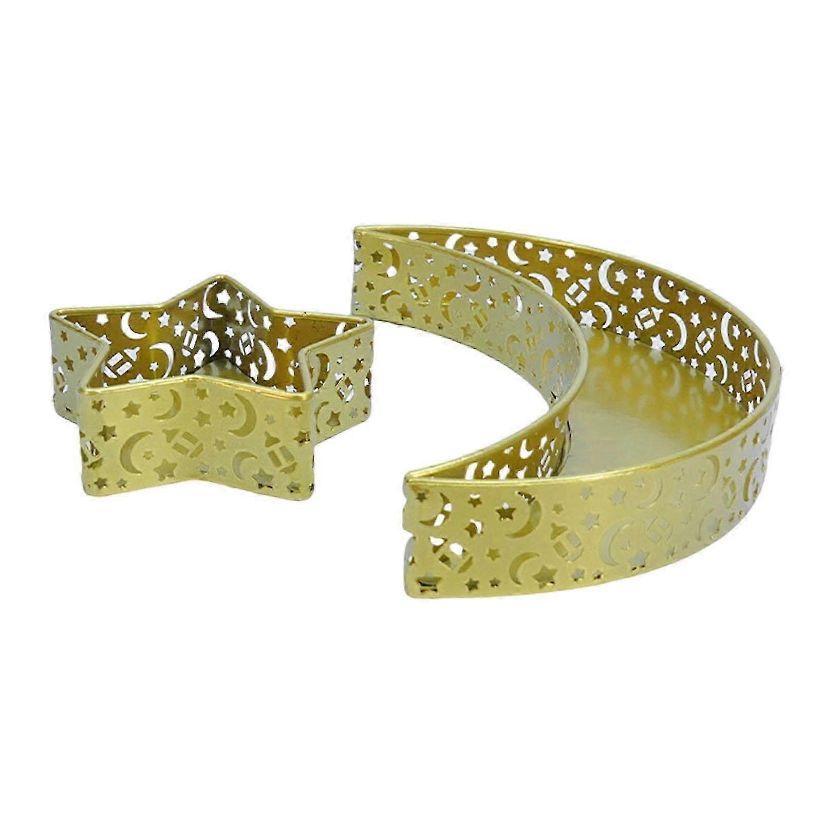 2Pcs Metal Moon Star Trays for Eid Ramadan Dessert, Fruit Snack Party Supplies Table Decoration