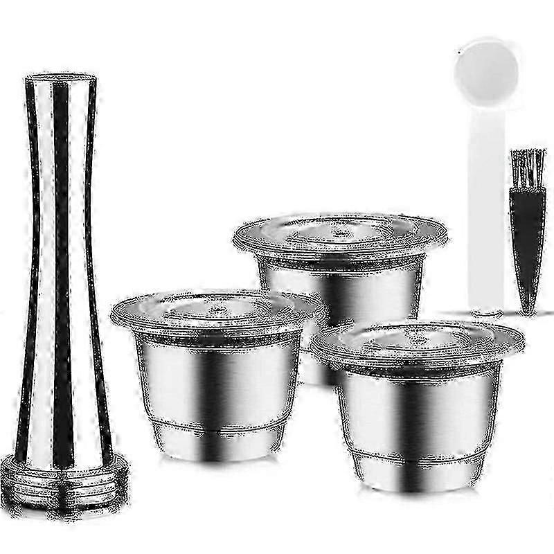 Kapsler gjenbrukbare, rustfritt stål, 3 stykker påfyllbare pads For Nespresso + 1 Tamper + 1 skje + 1