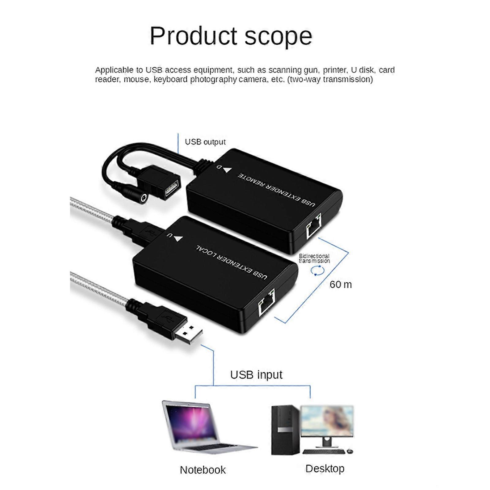USB 2.0 Extender 60m Rj45 Ethernet Cat5e/6 for PC/Microphone/Webcam No Driver Needed Supports Multiple Operating System