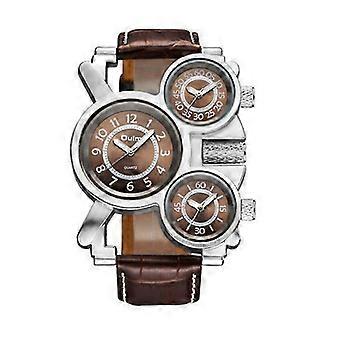 Punk Style Herren Quarzuhr mit 3 Zeitzonen, Leder Sport Armbanduhr - Kaffee