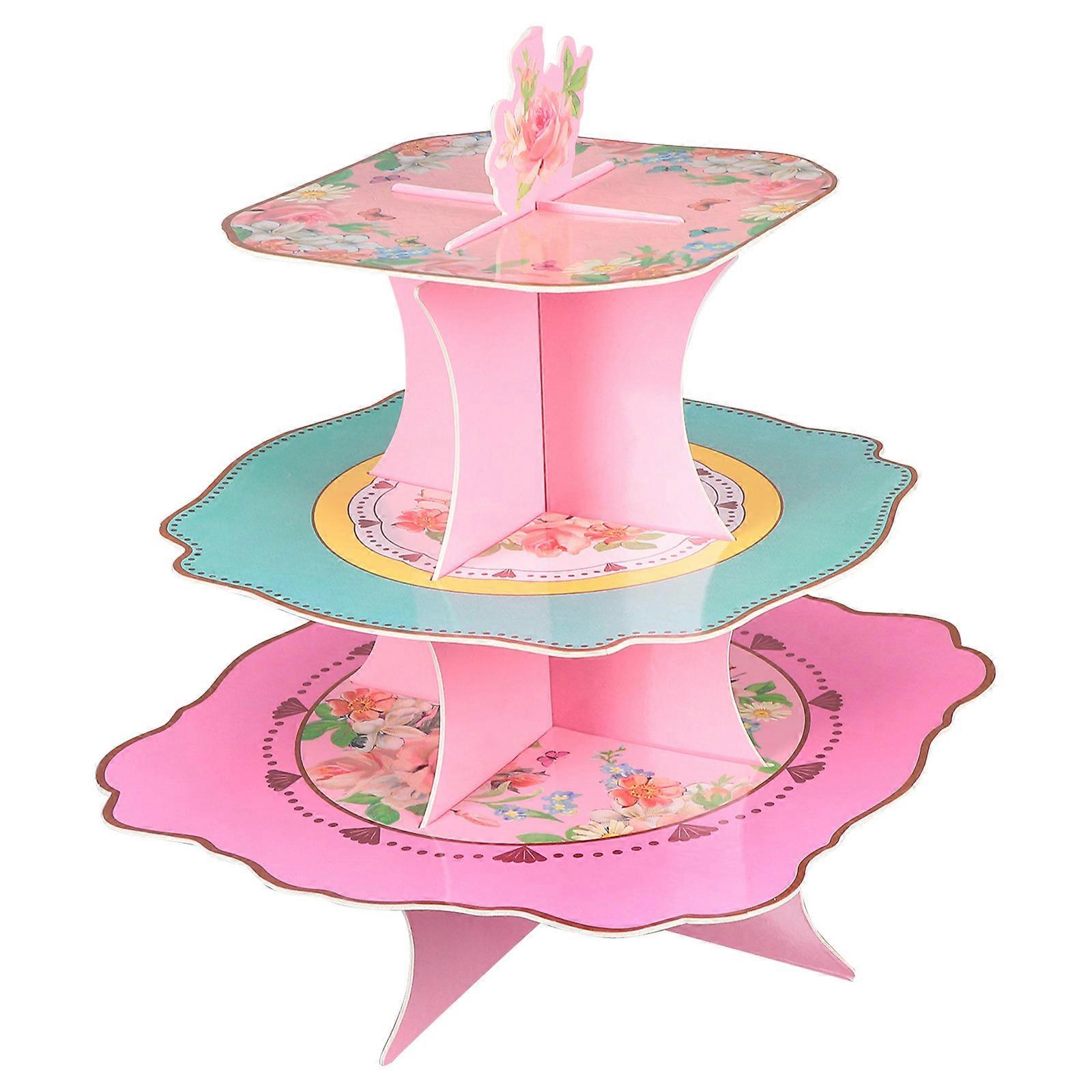 Dessert Stand Three-Tier Cake Counter Cardboard Cupcake Stand Assorted Color For Women Birthday Party 1Pcs