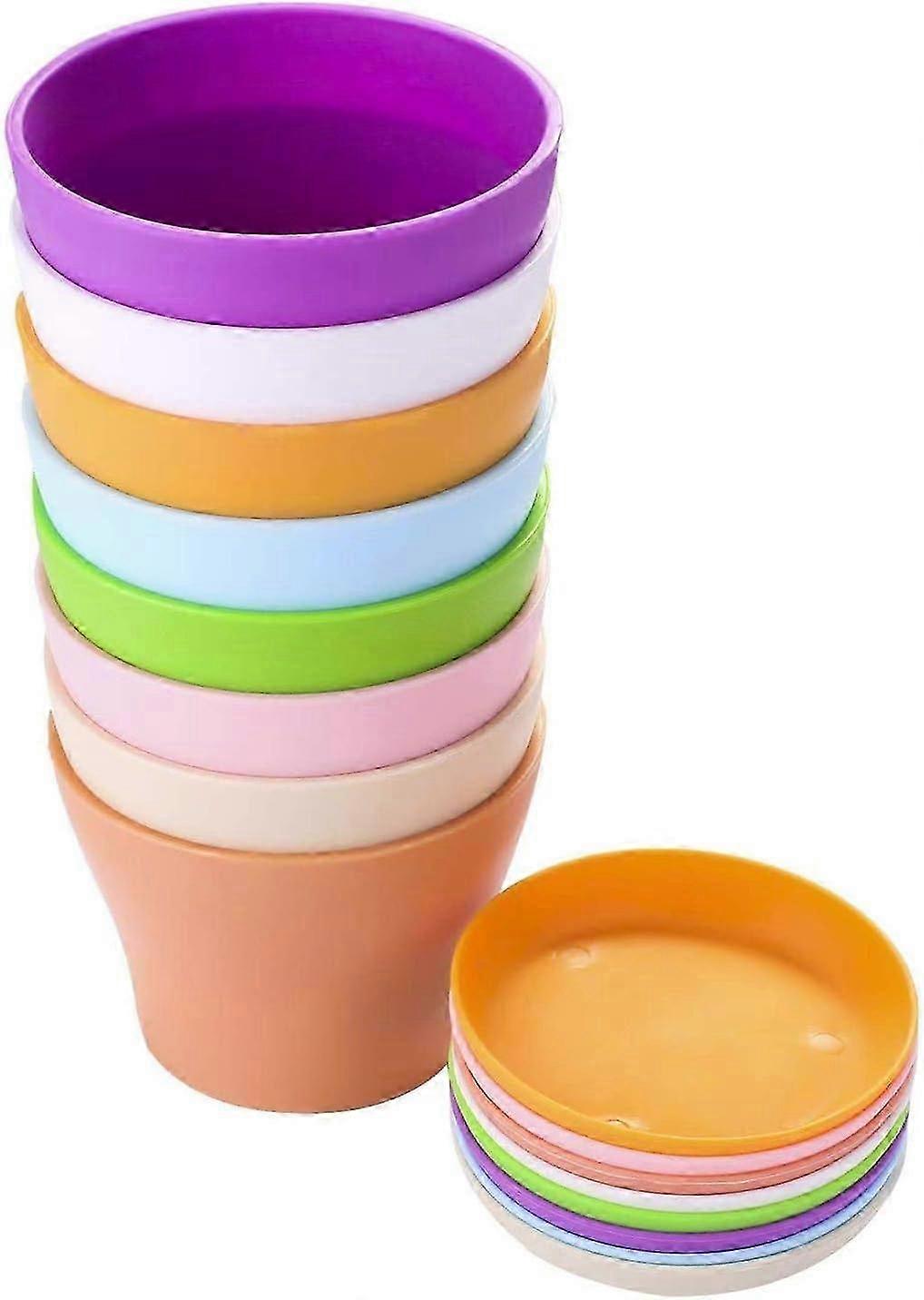 14cm Colorful Plastic Plant Pots, 8 Colors Indoor Flower Containers with Pallet Trays for Office Home (14 x 12cm)