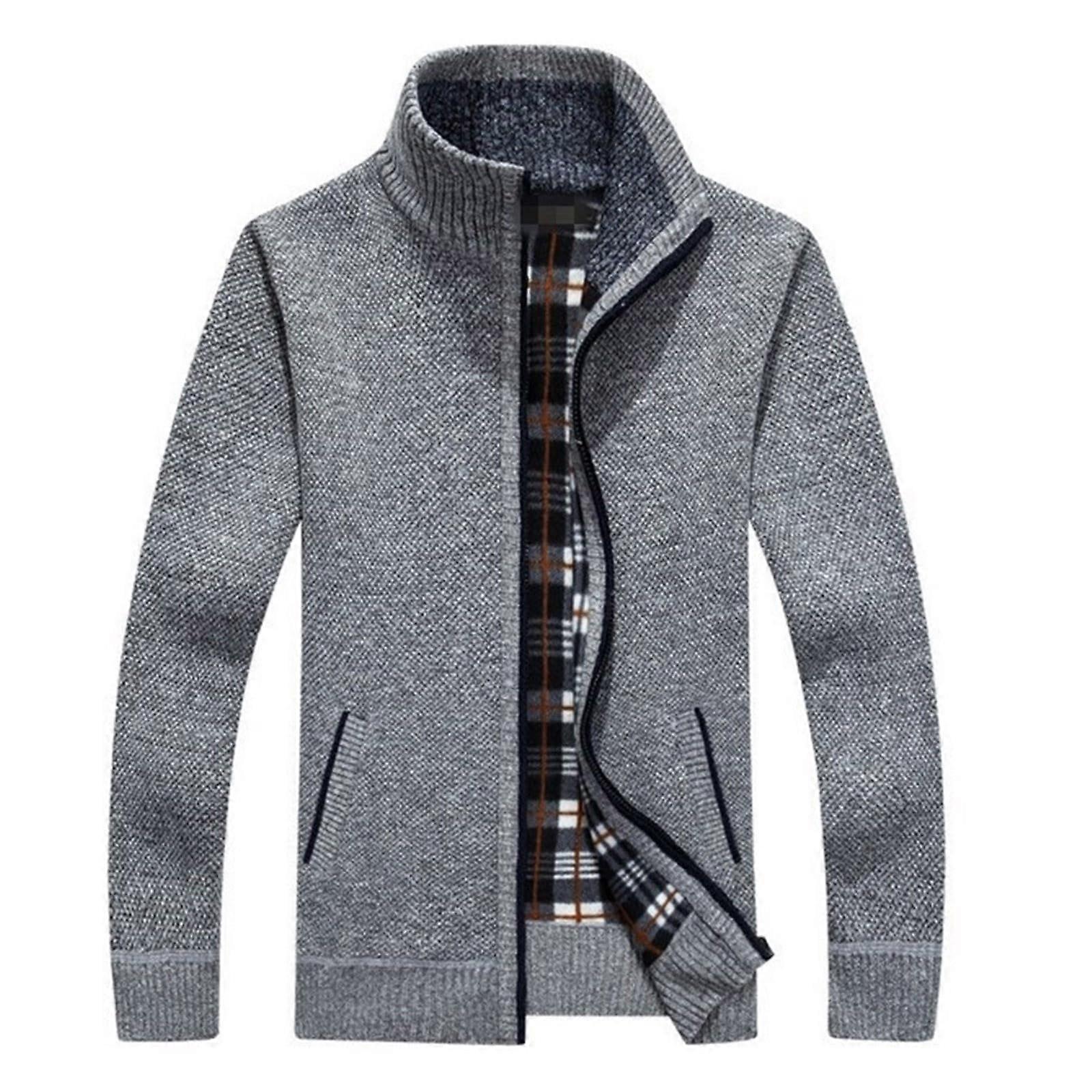 Men's Cardigan with Fine Knit Full Zip StandUp Collar Regular Fit Fleece Pullover Jacket with Pockets Autumn Winter Jacket Modern Work Jacket Grau XL
