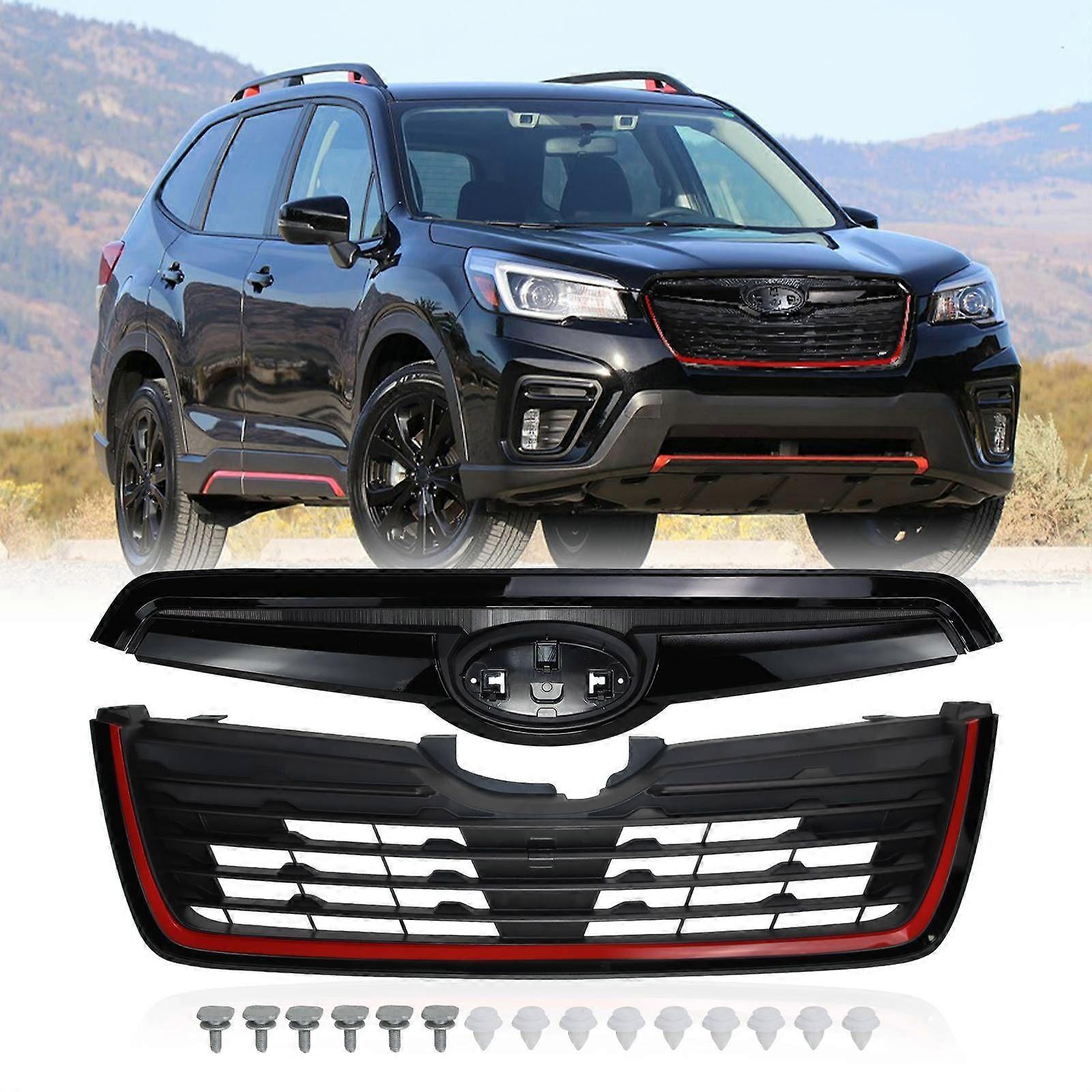 Front Grill for 2019-2021 Subaru Forester w/Camera Hole Gloss Black w/ Red Line NO.0102