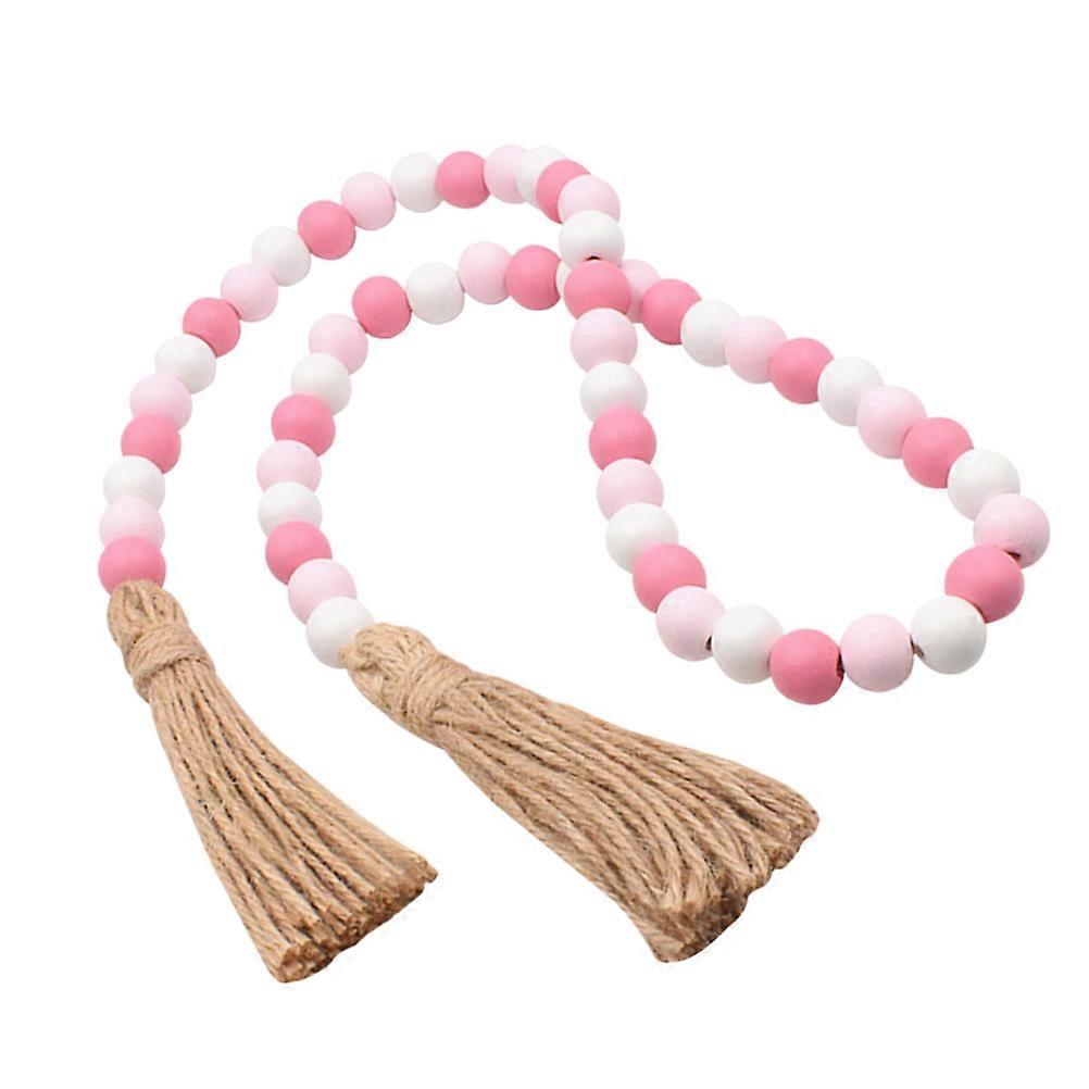 Valentine's Day Decoration Wood Beads and Hemp Rope Garland for Festive Home Decor Pink