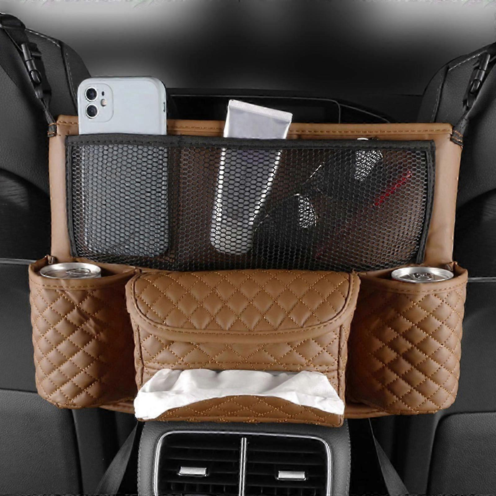 حقيبة تخزين مقعد السيارة من الجلد ، حامل حقيبة السيارات الفاخرة ، حامل حقيبة اليد بين المقاعد ، جيوب كوب الماء ، التخزين