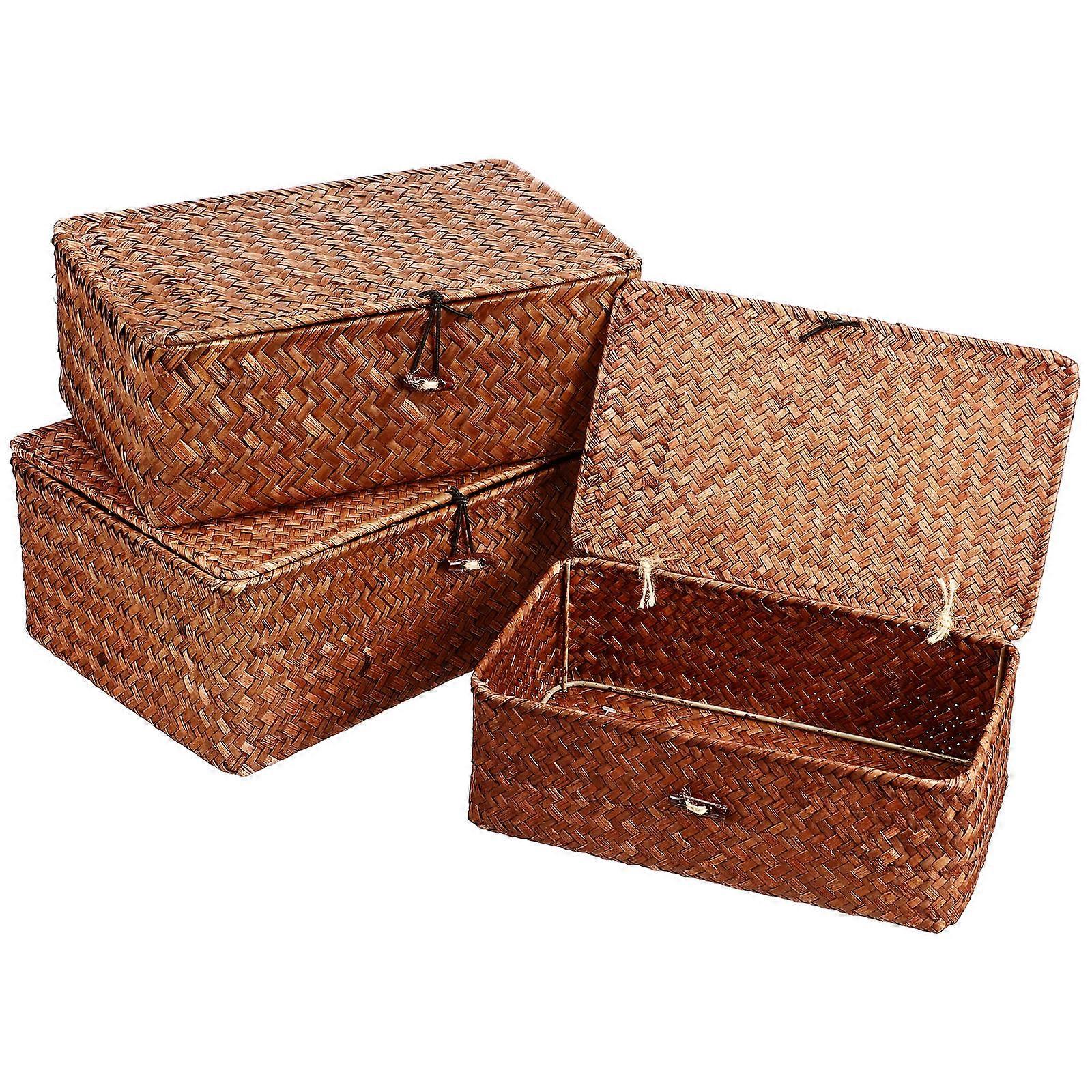 3pcs Seagrass Storage Baskets with Lids – Handwoven Desktop Organizers for Makeup, Snacks, and Small Items – Dustproof Portable Boxes for Bathroom,