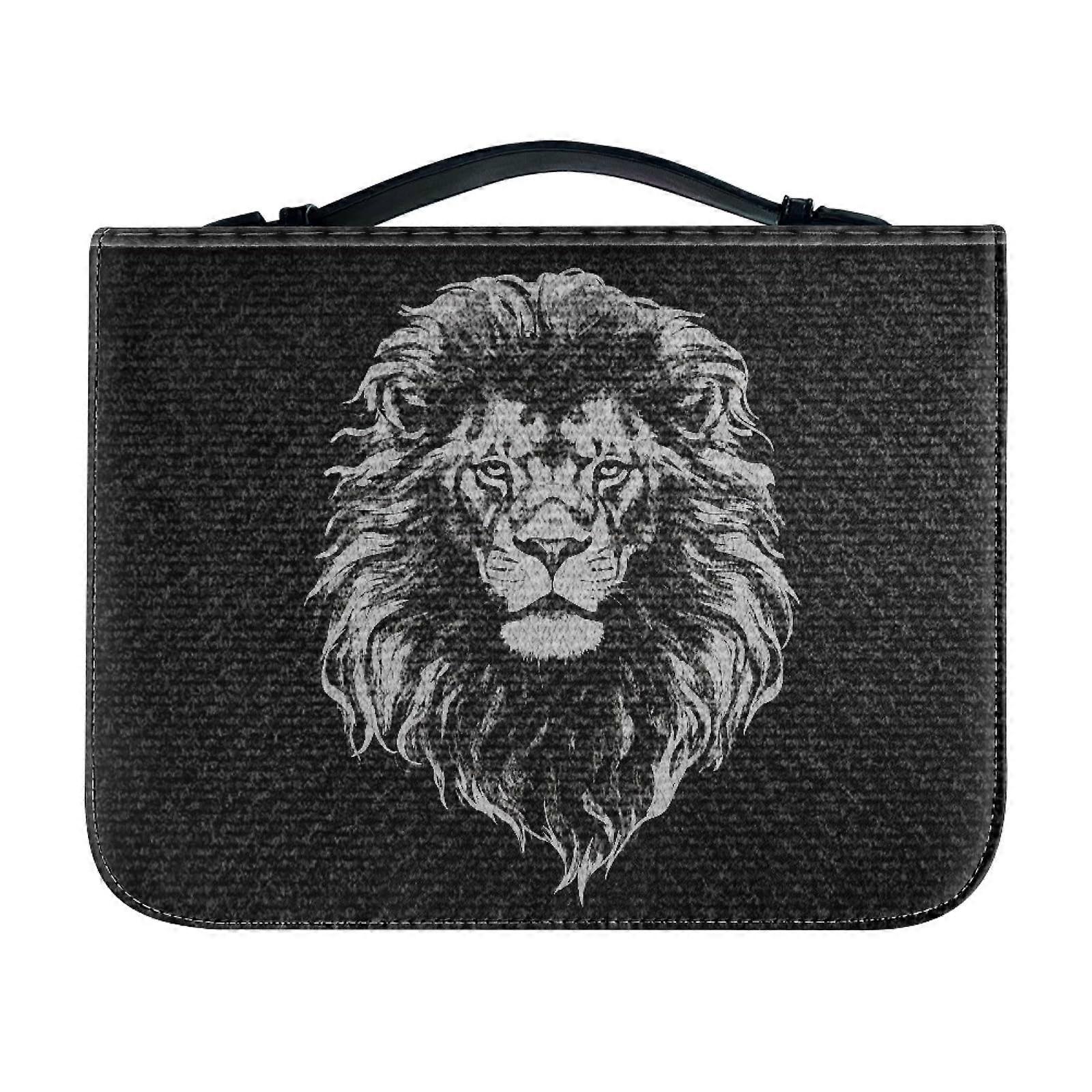Lion Print Leather Bible Cover PU Tote Bag with Handle, Pockets, and Study Features for Men and Boys