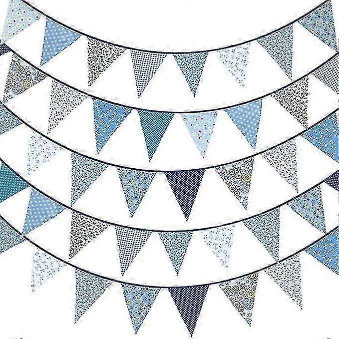 40英尺布制彩旗横幅蓝色花卉复古彩旗横幅可重复使用的棉质彩旗花环丝带