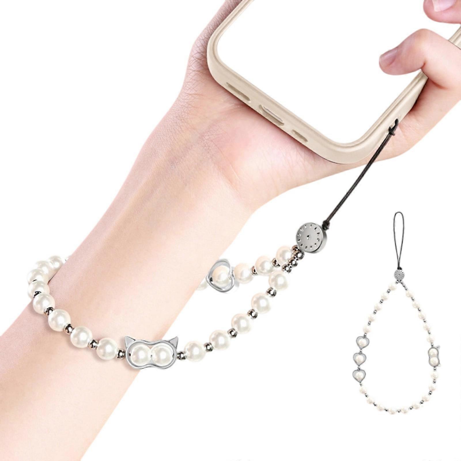 Multipurpose Beaded Phone Strap Adjustable Wrist Lanyard Featuring Strong Rope & Pearls Detailing for Smartphone Use White