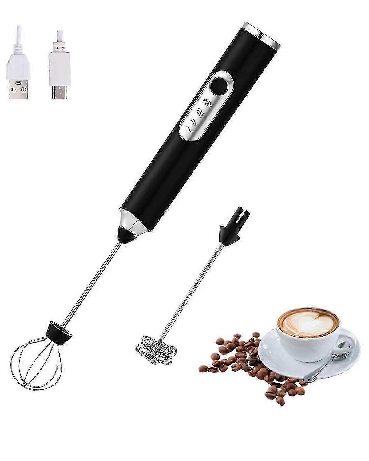 USB Rechargeable Handheld Milk Frother with 2 Whisk Heads & 3 Speed Settings for Latte, Cappuccino and Hot Chocolate
