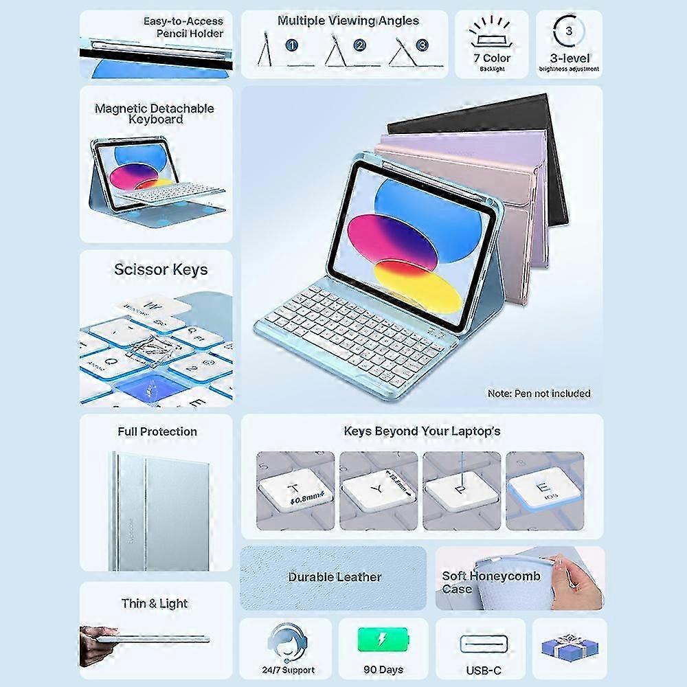 CS-1099 For iPad (2025)/10.9 (2022) Colorful Backlit Bluetooth-Compatible Keyboard Protective Cover