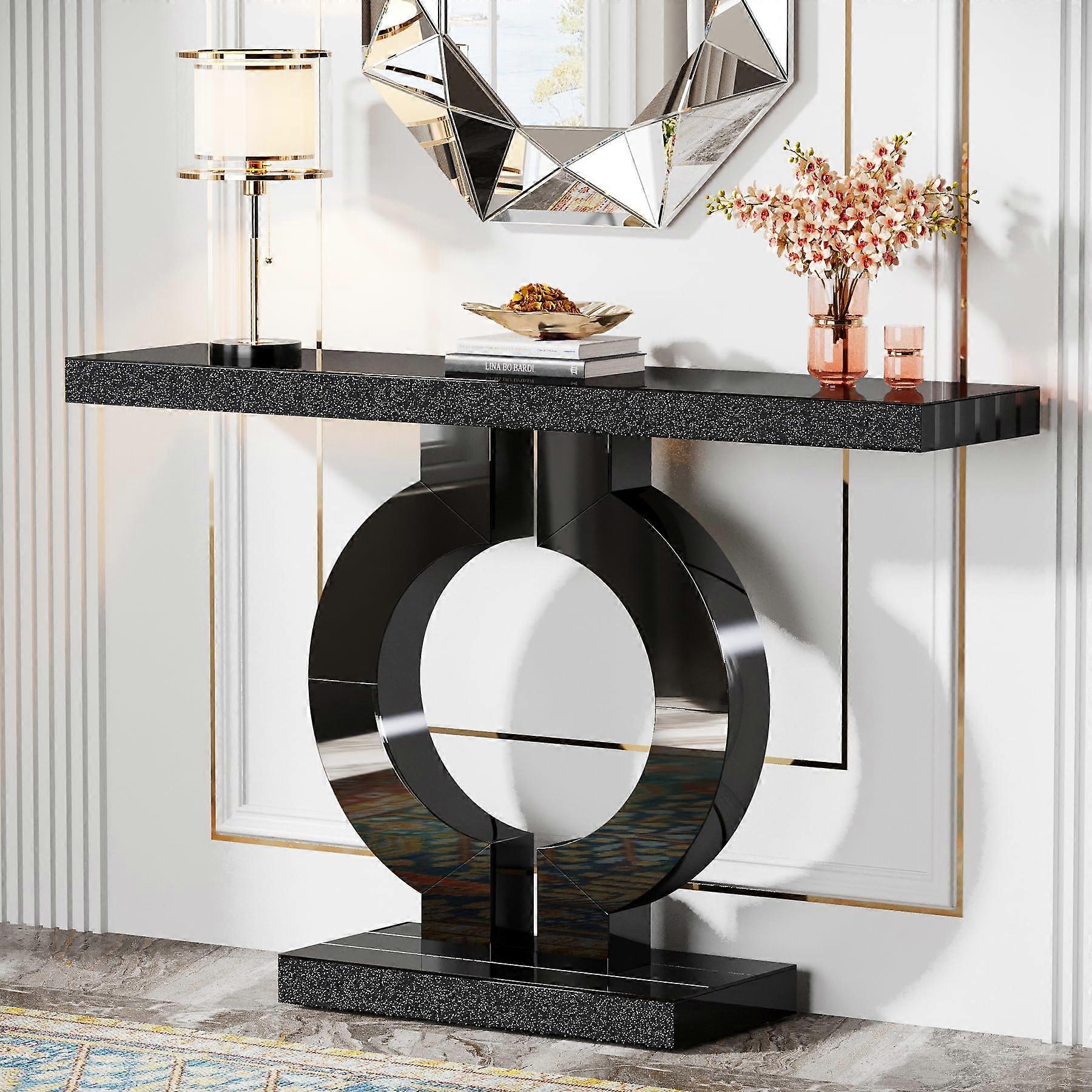 Tribesigns Modern Mirrored Console Table, Glass Sofa Table with Mirror Finish, 43-Inch Entryway Table with O-Shaped Base,Living Room Hallway (Black)