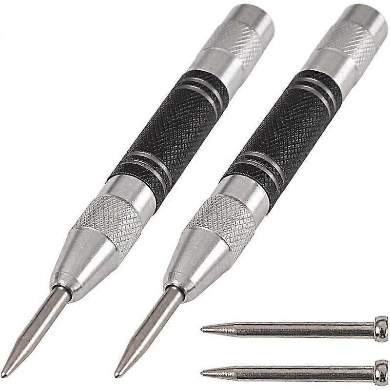 2 Pack 5" Spring Loaded Automatic Center Punches, Adjustable Tension, with 2 Replacement Tips,