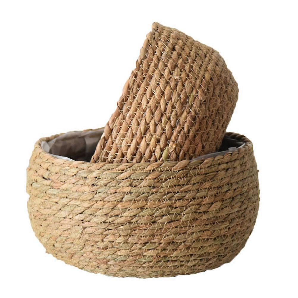 Straw Basket Woven Flowerpot for Storage Use 2Pcs Khaki Round Design