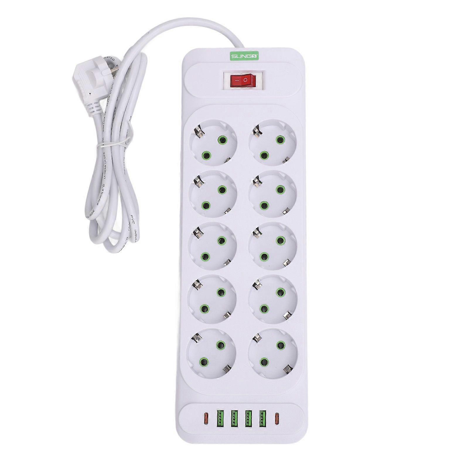 European Power Strip 10 AC Outlets 4 USB 2 Type C Ports Power Socket with 2m Cord and Overload Switch