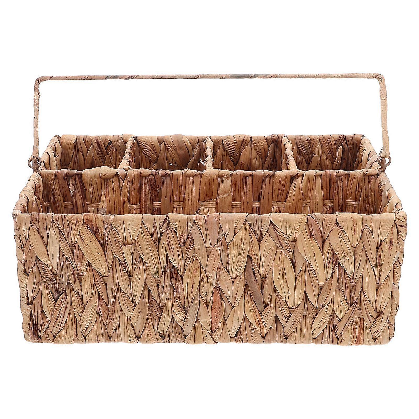 Wicker Silverware Caddy: Cutlery Utensil Holder - Flatware Storage Basket with Handle - 5 Compartments Flatware Organizer