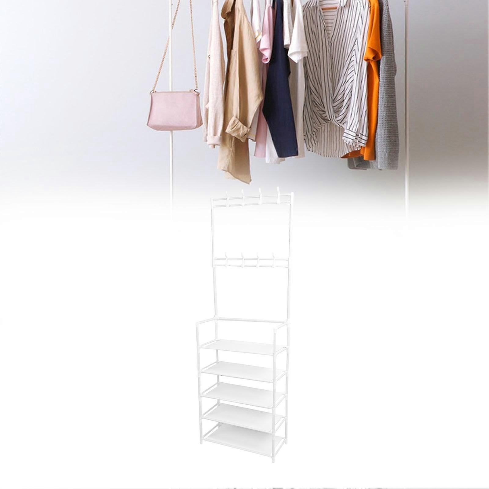 Coat Shoe Rack with Hooks 68.9in 5 Tier Metal Multifunctional Dust Proof Ample Space Coat Shoe Organizer for Entryway Dormitory White 