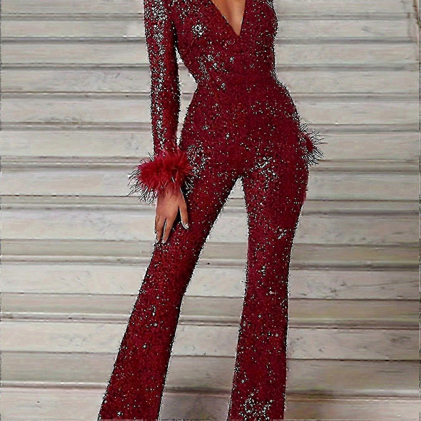 Stylish Wide Leg Sequin Jumpsuit with Deep V Neck and Long Sleeves, Perfect for Autumn and Winter Occasions