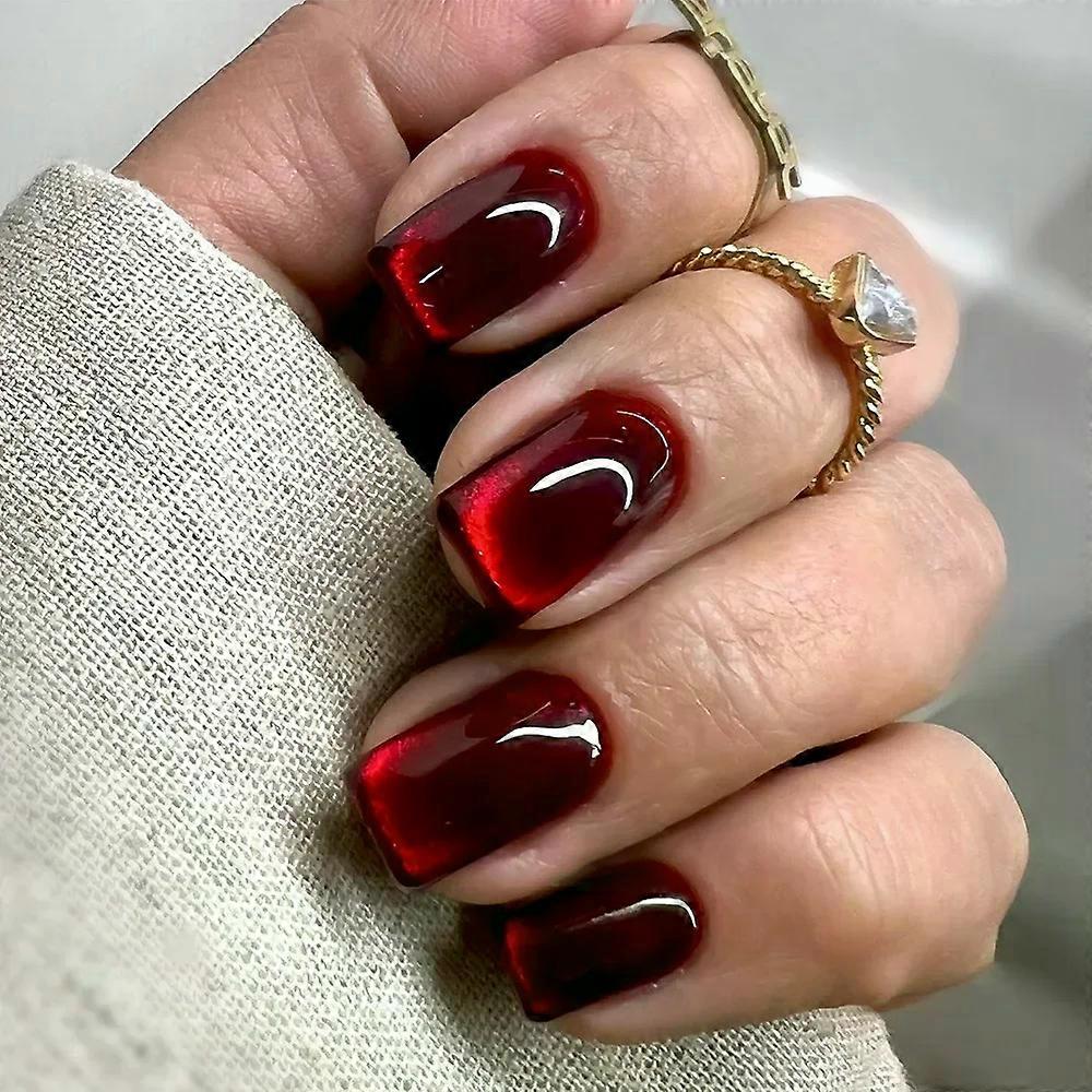 24Pcs Solid Color Wine Red Design Press on Nail Short Square False Nails Simple Detachable Finished Full Cover Nail Tips