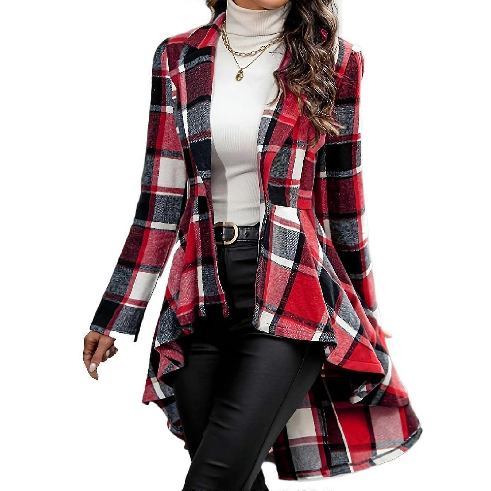 Womens Long Sleeve Button Down Plaid High Low Jacket Open Front Lapel Peplum Jacket Coat Fall Winter Outfits  Red XL