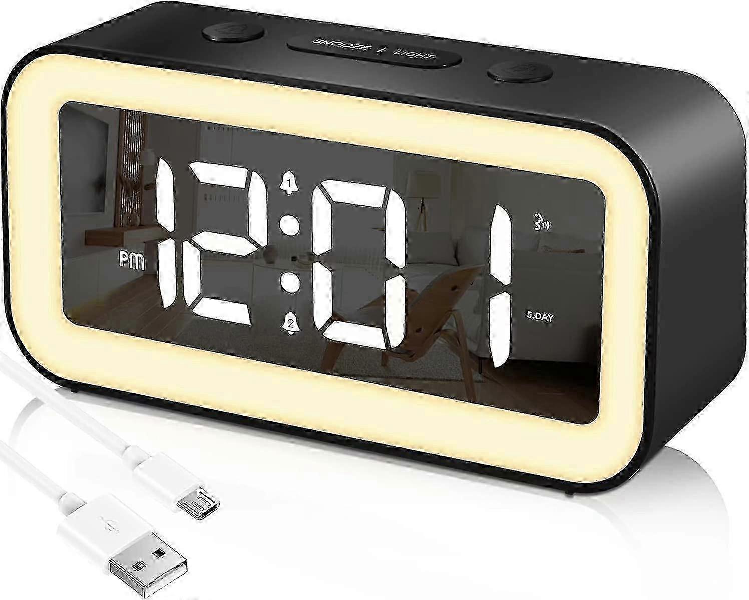 Digital Alarm Clock with Night Light 0-100% Adjustable Brightness Mirror Electronic LED Digital Clock Sound Activation 2 Alarm 12/24Hr Snooze USB