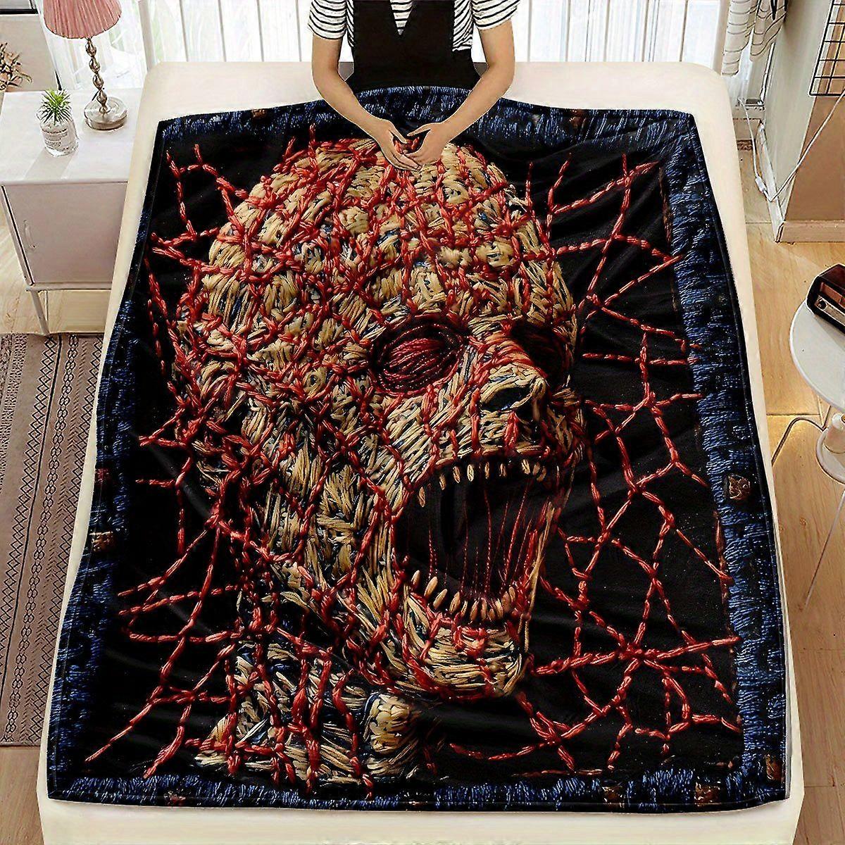 GT Halloween-Themed Polyester Throw Blanket - Spooky Skull & Bats Design, Soft Flannel, Multi-Use for Bed, Towel, Outdoo-POKJH318