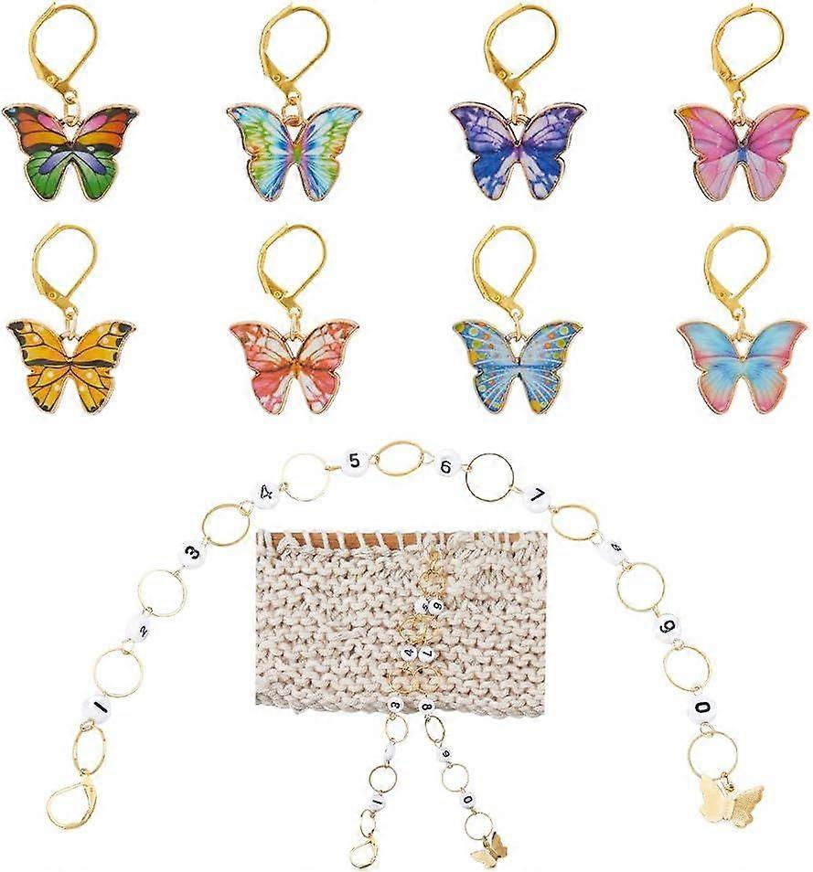 Enamel Crochet Stitch Marker Set Including 24Pcs Butterfly Stitch Markers and 2pcs Number with Butterfly Alloy Knitting Row Counter Chains for Knittin