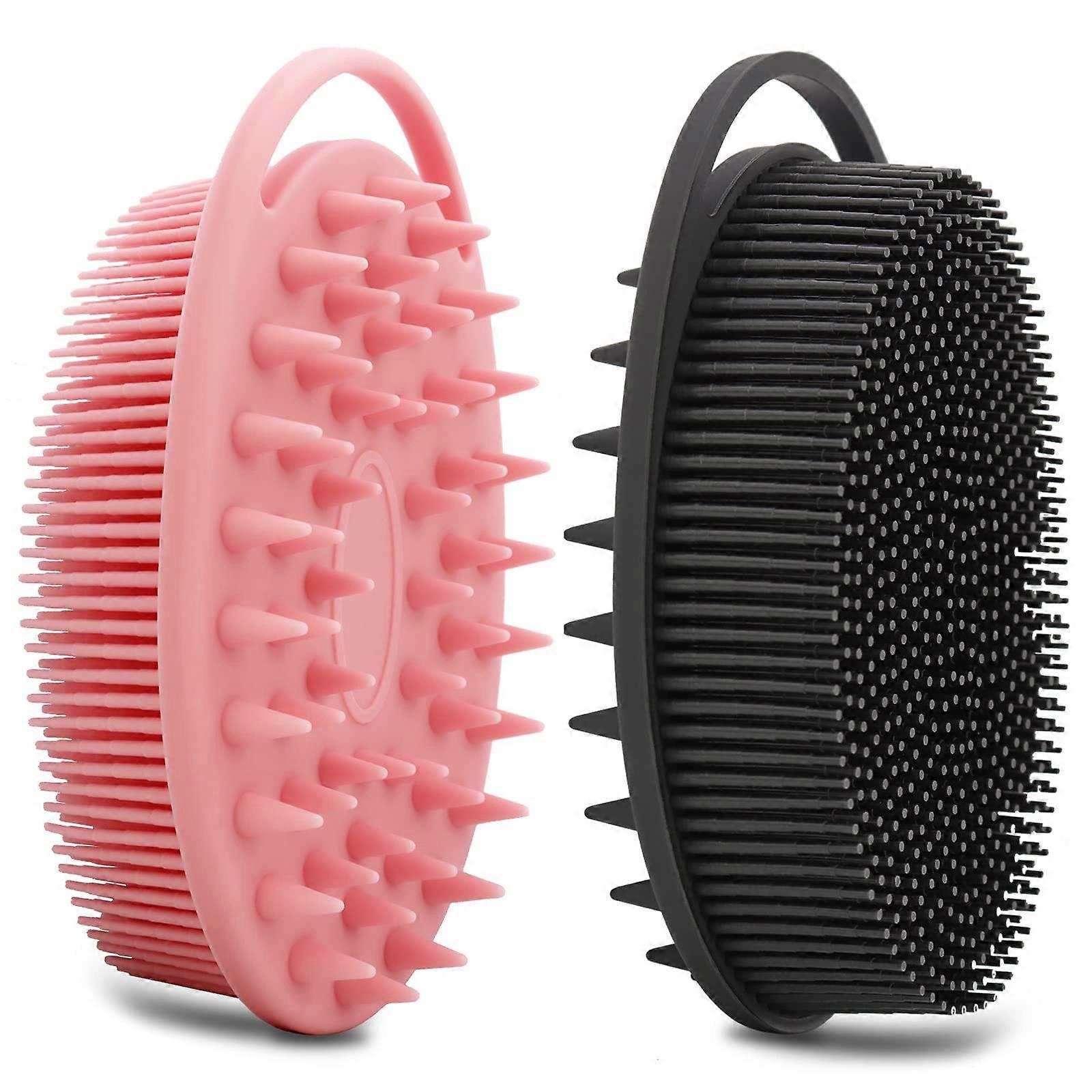 2 Pack DualSided Silicone Body Scrubber with Handles, Bath and Scalp Massager for All Skin Types, Black and Pink