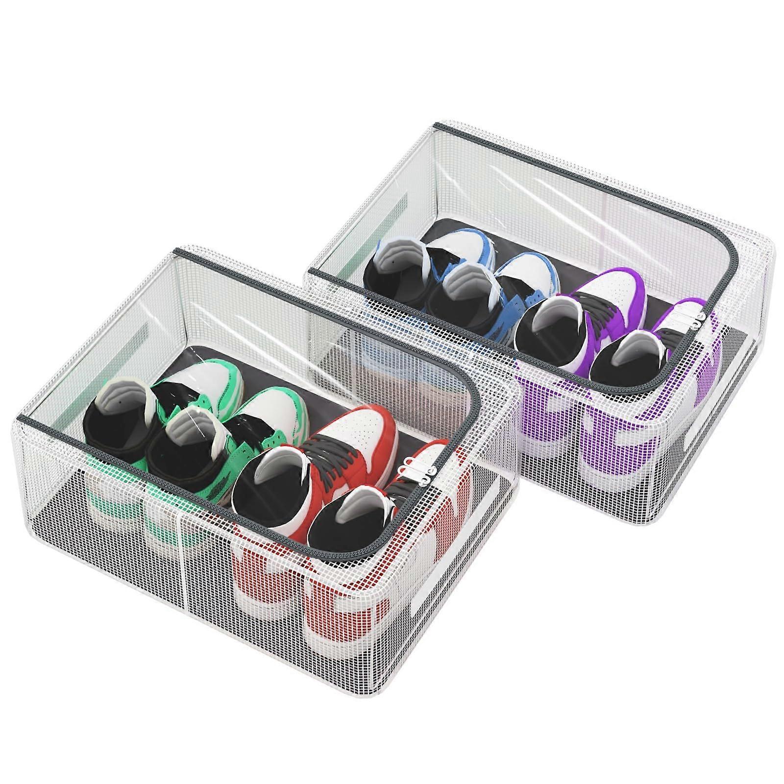 Closet Storage Boxes 2 Pack, Stackable Shoe Storage with Clear Dustproof Lids, 16 Inch Metal Frame