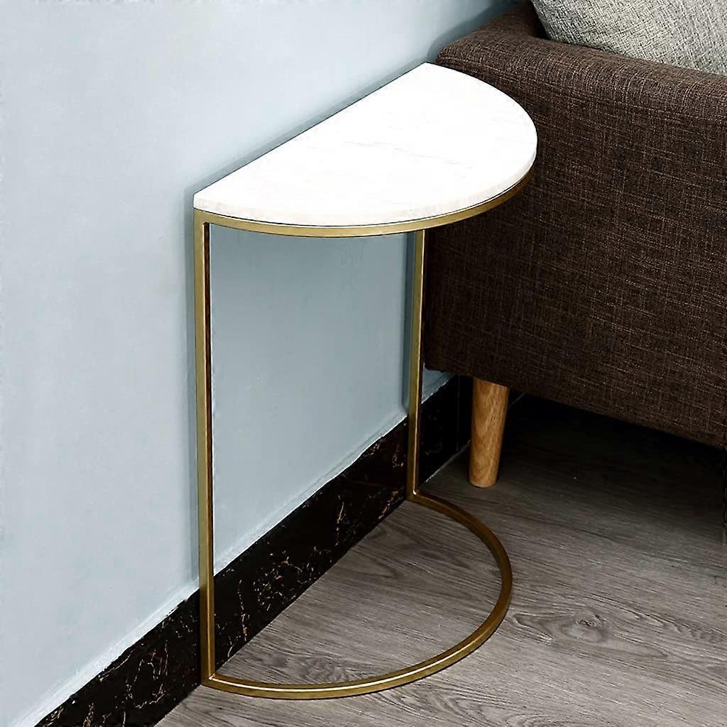 SemiCircular Marble  Side Table with CShaped RustResistant Iron Frame and Rounded Corners