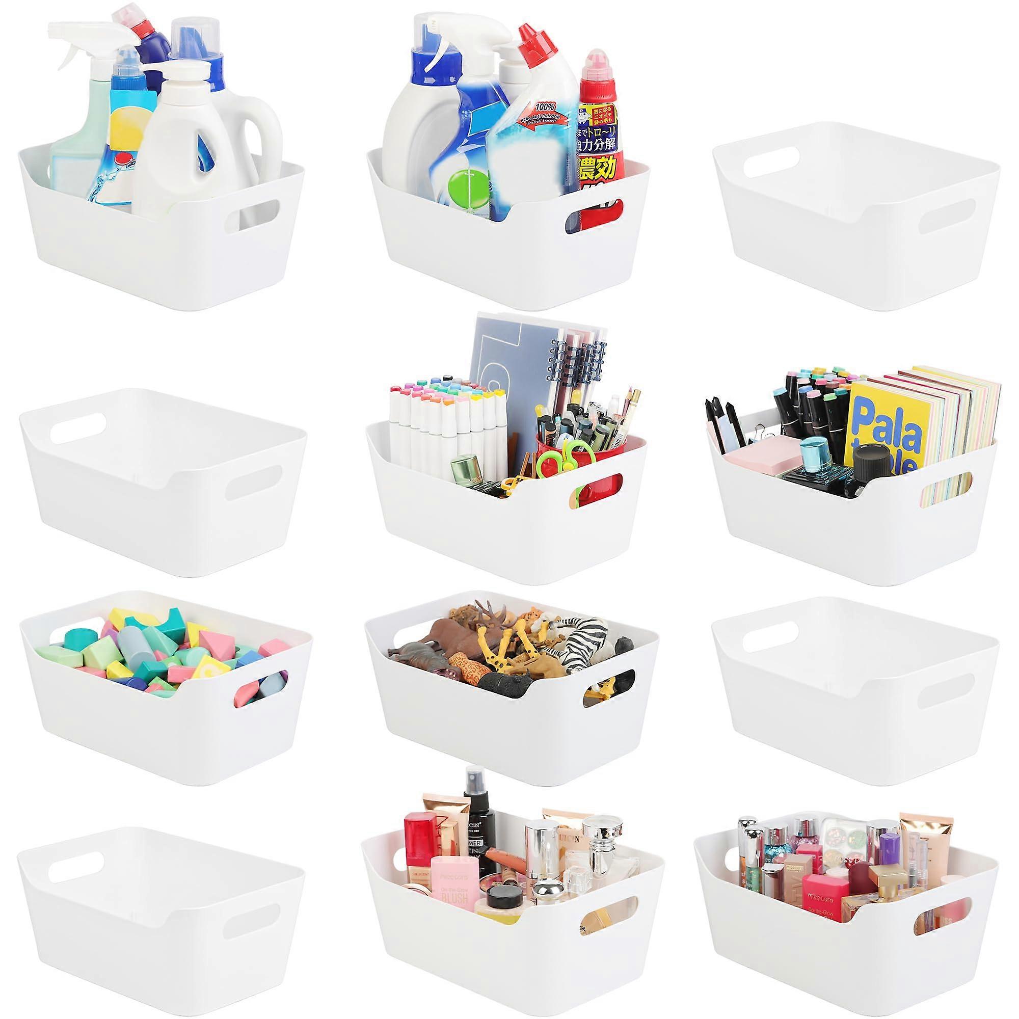 Plastic Storage Bins Set of 12 White Durable Organizer Bins with Handles for Pantry and Closet