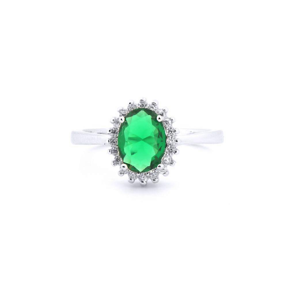 Jewelco London Rhodium Silver Green Oval CZ Royal Princess Majestic Cluster Ring
