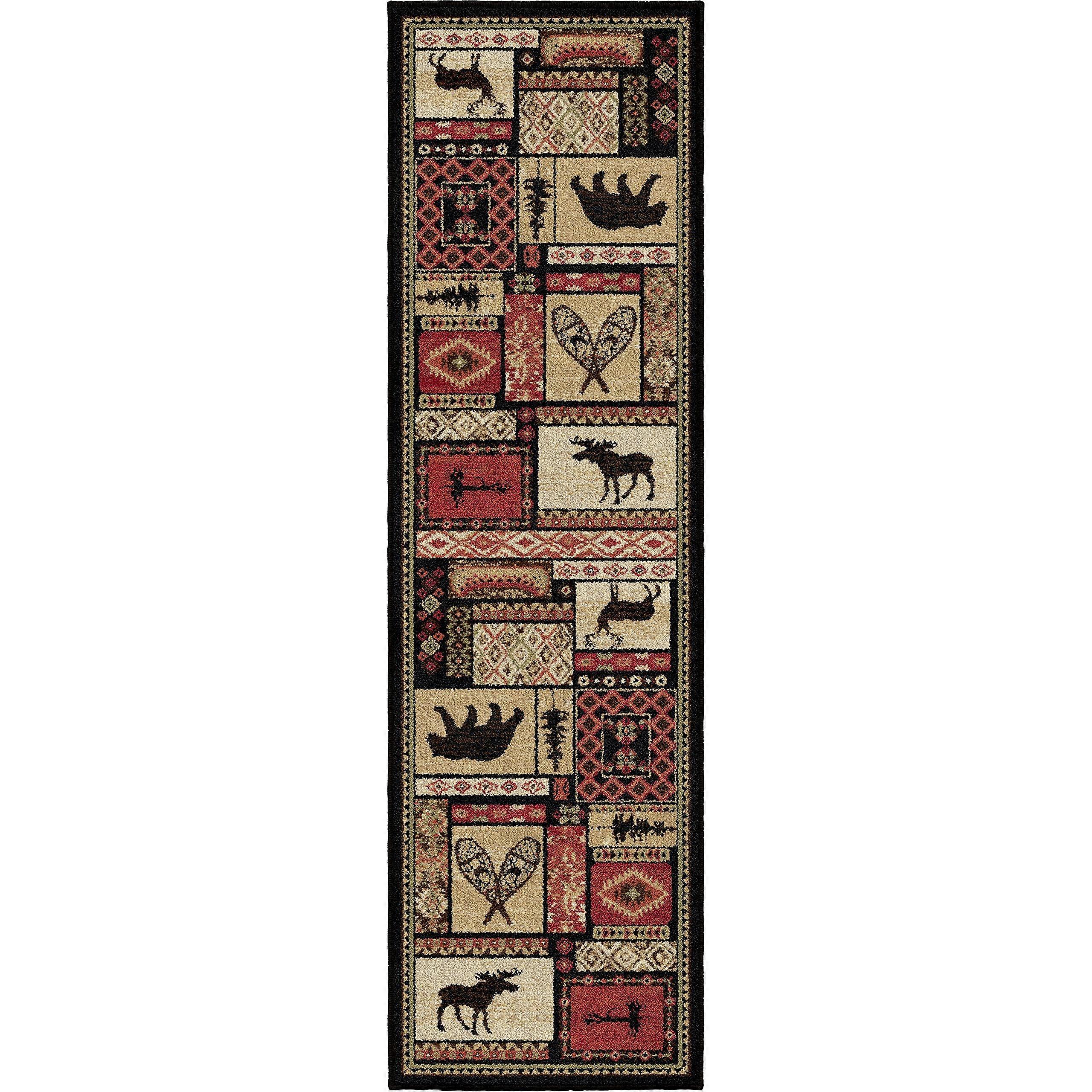 Patchwork Runner Rug with Rustic Wildlife Bear Moose Deer Design, Stain Resistant Hallway Carpet
