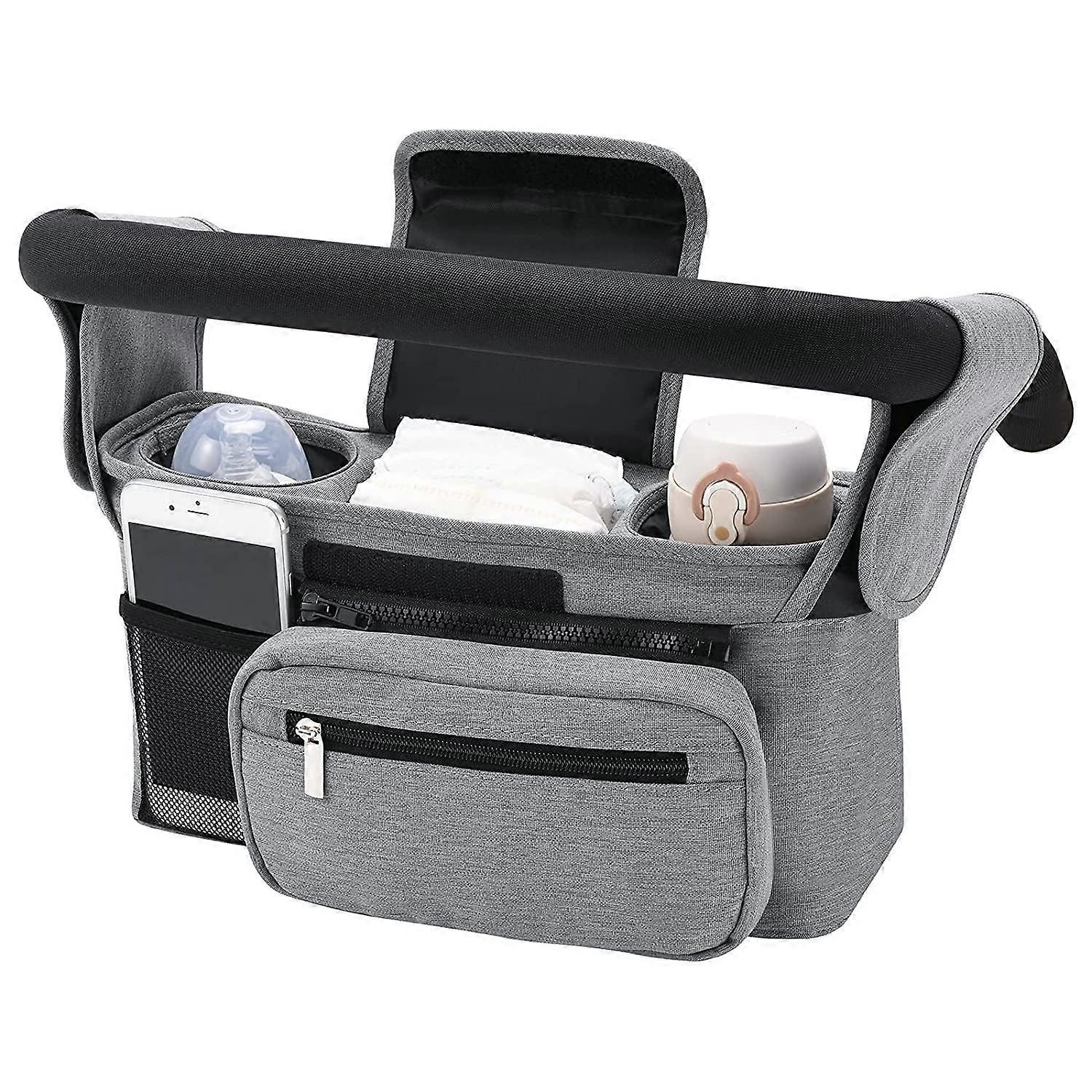 Stroller Organizer with Dual Insulated Cup Holders, MultiPocket Storage, Universal Fit Pram Bag Grey