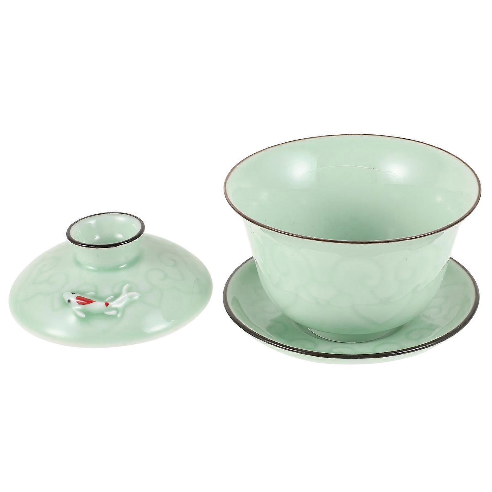 Light Green Ceramic Cup with Lid Tea Drinking Cup for Serving 1Set