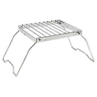 Opvouwbare campinggrill van roest RVS met in hoogte verstelbaar kookrooster en standaard voor het fornuis.