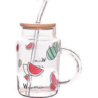 Clear Glass Mug with Lid and Straw, 15 Oz Drinking Glass Juice Cup, Cute Watermelon Pattern