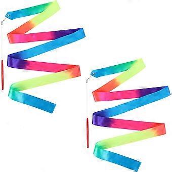 2pcs Rainbow Dance Ribbon Wand, 78.7inch Rhythmic Gymnastics Ribbon Streamer Ladderproof Soft Ribbon Baton Twirling with Stick for Kids Artistic Danci