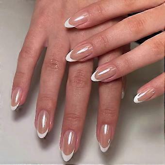 Almond Shape Nude Brown French Tip Press On Nails with Glue, Medium Chrome Glazed Fake Nails Set