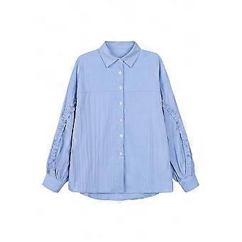 / Elegant Blue Lace trim on Sleeve Button Shirt Loose Long Sleeve Blouses Korean Popular Women/s Clothes Large Size Top Autumn