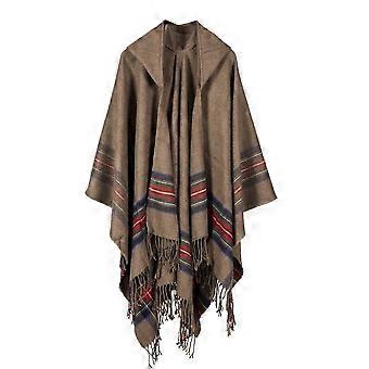 Cashmere Feel Thicken Poncho Fringed Hem Shawl Wrap Block Open Front Long Winter Sweater Coat